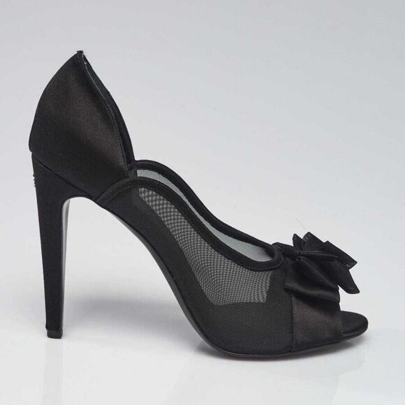 Chanel Black Mesh and Satin Bow Peep Toe Pumps Size 10.5/41 - Picture 4 of 5